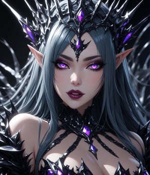 Masterpiece, 4K, ultra detailed, Evil elf queen, perfect makeup, seductive glossy lips, SFW, depth of field, iridescence, 