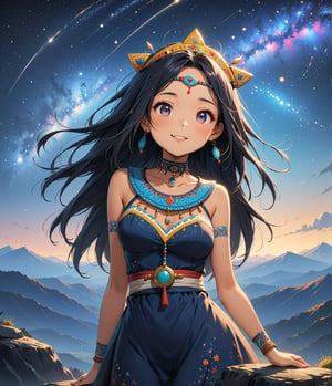 Masterpiece, 4K, ultra detailed, anime style, ancient Inca woman standing on mountain boulder, beautiful flawless face with great makeup, dangling earrings, colorful headpiece, epic starry night, windy, more detail XL, SFW, depth of field, (ukiyoe art style),