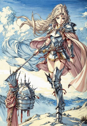 Full body, 1girl Warrior wearing armor and helmet, cape, amano yoshitaka, traditional media, fantasy illustration, soft colors, final fantasy, windy, dynamic poses, 
