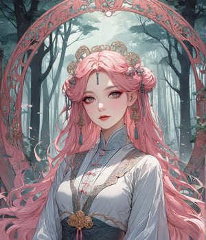 (masterpiece, high quality, 8K resolution, ultra detailed), pretty woman with glamourous makeup, smokey eyeshadow, pink hair, depth of field,han fu, long sleeve, best quality, SFW, misty magical forest, Art Nouveau Style,