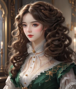 Masterpiece, 4K, ultra detailed, anime Style, 1 beautiful woman with long wavy hair and glossy lips wearing traditional Victorian outfit, SFW, depth of field,shuimo style