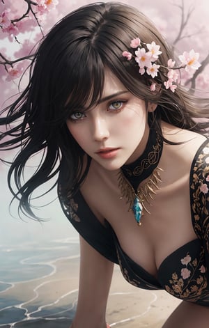 beautiful woman with big expressive eyes, Black ink flow, 8k resolution photorealistic masterpiece, intricately detailed fluid gouache painting, calligraphy acrylic, professional photography, natural lighting, volumetric lighting maximalist photoillustration, by marton bobzert, 8k resolution concept art intricately detailed, complex, elegant, expansive, fantastical,1 girl, large foliage and large flowers,very windy, depth_of_field, dynamic angle, watercolor \(medium\), crystal pointy high heels, 