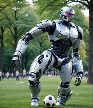 (masterpiece, high quality, 8K resolution, ultra detailed), movie character RoboCop playing soccer in the park, walking slowly, depth of field,