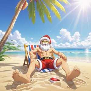 ((anime)), Santa Claus wearing shorts relaxing on a sandy beach, sun tanning, Palm tree, dynamic angle, depth of field, detail XL, solo,