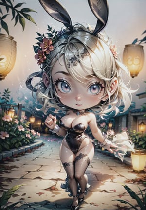 1 girl dancing in a garden on a mountain, flowy long dress, lace, ornate details, big detailed eyes looking at viewers, white teeth, playboy bunny ears, large breasts, hair ornament, floral arrangement, lanterns, reflections, 4k, windy, photorealistic, depth of field, highly detailed, full body portrait, LaceAI, Detailedface, Detailedeyes, chibi