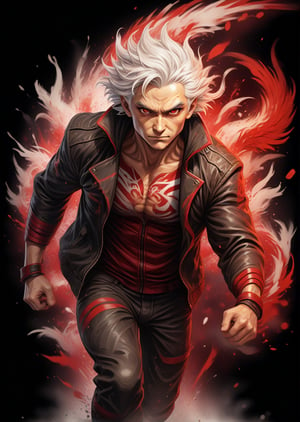 Mature Male fighter with white hair wearing  leather jacket with red stripes, detailed eyes, 4k, windy, highly detailed, (full body portrait), dynamic angle, ink splash style hawk, running poses, more detail XL, dragon chinese,,,<lora:659095807385103906:1.0>