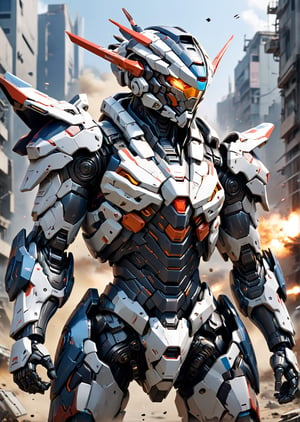 anime style, futuristic armor power suit in a warzone, driving in high speed, dynamic angle, more detail XL, ,mecha