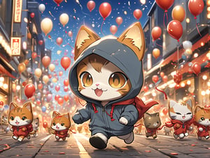 ((chibi style)), chibi cat in hoodie walking on busy street, new year setting, balloon and firecrackers, dynamic angle, depth of field, detail XL, closeup shot, finetune,ghibli