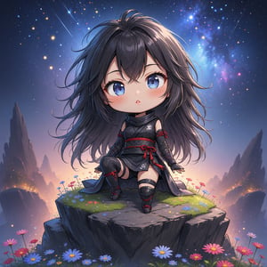 Masterpiece, 4K, ultra detailed, chibi anime style, beautiful female ninja with flawless makeup and glossy lips, long flowy hair wearing ninja outfit, on top of a crystalized rocky cliff, looking at the colorful starry night, wild flowers, depth of field, SFW, 