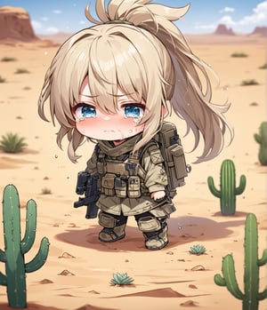 Masterpiece, 4K, ultra detailed, chibi anime style, ((solo)) female solider crying with tears in desert,  ponytail hair, tall cactus, windy, more detail XL, SFW, depth of field, 