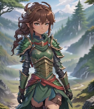 best quality, (full body portrait), a nomad woman warrior wearing a dragon inspired armor, leather boots, messy hair, traveling alone, highly detailed, windy, depth of field, epic forest landscape background, 4K, anime, looking at viewers, full body closeup shot, solo,more detail XL