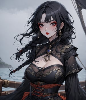 Masterpiece, 4K, ultra detailed, beautiful long braided hair pirates woman, on a haunted sailboat, goth makeup, busty, foggy and windy, more detail XL, SFW, depth of field, (ukiyoe art style), Details,