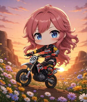 Masterpiece, 4K, ultra detailed, chibi anime style, beautiful female motocross rider, long flowy hair, epic sunset, wild flowers, depth of field, SFW,