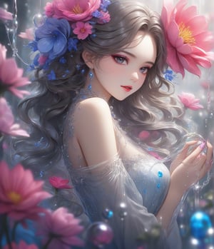 Masterpiece, 4K, ultra detailed, elegant and sexy woman made of luminrous liquid, perfect makeup, SFW, depth of field, fantasy flowers, color charcoal,