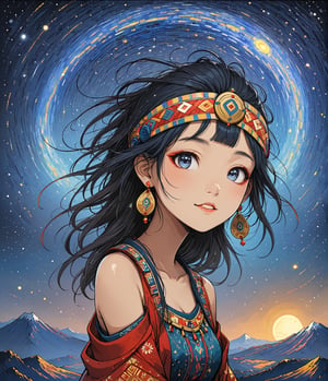 Masterpiece, 4K, ultra detailed, anime style, ancient Inca woman standing on mountain top, beautiful flawless face with great makeup, dangling earrings, colorful headpiece, epic starry night, windy, more detail XL, SFW, depth of field, (ukiyoe art style), 