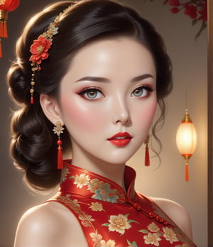 Masterpiece, 4K, ultra detailed, beautiful lady with glamorous makeup, beautiful bright eyes and  glossy lips, dangling crystal earrings, short Chinese cheongsam dress, SFW, beautypinupart