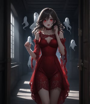 Masterpiece, 4K, Ultra detailed, beautiful girl with glamorous makeup wearing red lace dress walking in a dark haunted house, feminine figure, scared expression with both hand up, SFW, light rays streaming from the windows, floating white ghost,