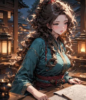 Masterpiece, 4K, ultra detailed, Sketchbook Style, 1 beautiful woman with long wavy hair and glossy lips wearing traditional Asian outfit, paper scroll on table, in shrine at night, oil lamp, windy, SFW, depth of field,shuimo style