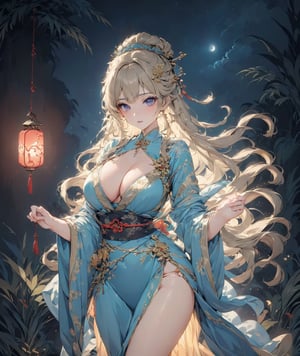 ((anime style)),  masterpiece, 4K, 1 blonde girl with long hair wearing a traditional Asian dress holding a lantern, large breasts and detail eyes looking at viewers, more detail XL, SFW,  nighttime, moonlight, walking pose, ,huayu