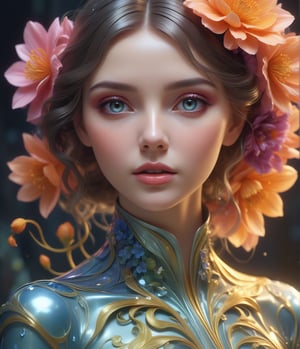 Masterpiece, 4K, ultra detailed, fashionable woman made of luminrous liquid, perfect makeup, SFW, depth of field, Art nouveau flowers,raw photo, realistic:1.3 cinematic photo