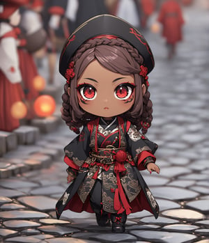 Masterpiece, 4K, ultra detailed, chibi anime style, beautiful brown skinned pirates woman with braided hair, red detailed eyes with goth makeup, marching on cobblestone road, (ukiyoe art style), SFW, depth of field, Details,
