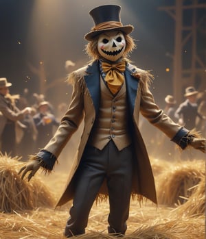 Masterpiece, 4K, Ultra detailed, scarecrow dancing on stage, sparkling suit and top hat, dried hay, SFW,