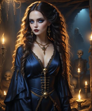 Masterpiece, 4K, ultra detailed, beautiful female pirate with flawless goth makeup, beautiful detailed blue eyes and glossy lips, golden earring, wavy long hair, silk robe, in a secret hideout with skeleton in the ground, torch lights, depth of field, SFW, more detail XL,