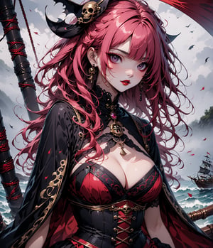 Masterpiece, 4K, ultra detailed, beautiful long hazel and pink ombre hair pirates woman, on a haunted sailboat, goth makeup, busty, foggy and windy, more detail XL, SFW, depth of field, (ukiyoe art style), Details,