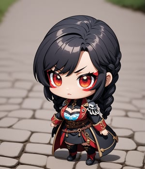 Masterpiece, 4K, ultra detailed, chibi anime style, beautiful brown skinned pirates woman with braided hair, red detailed eyes with goth makeup, marching on cobblestone road, (ukiyoe art style), SFW, depth of field, Details,