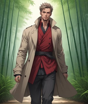 Solo, anime style, Mature Male fighter wearing long flowy trench coat with red stripes, tattoos on chest, detailed eyes, 4k, walking in a bamboo forest, windy, highly detailed, (full body portrait), dynamic angle, more detail XL,,<lora:659095807385103906:1.0>