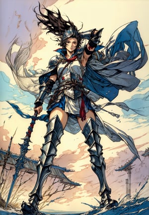 Full body, 1girl Warrior wearing armor and helmet, cape, amano yoshitaka, traditional media, fantasy illustration, soft colors, final fantasy, windy, dynamic poses, 
