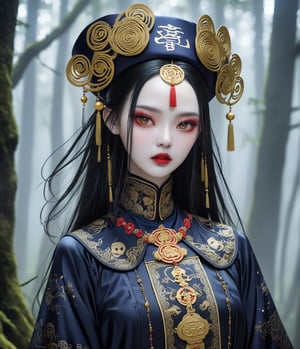 Masterpiece, 4K, ultra detailed, frightening female Jiangshi with flawless goth makeup, paper talisman on forehead and glossy lips, golden earring, wavy long hair, dark silk robe with very long sleeves, in a misty dark forest, depth of field, SFW, more detail XL,