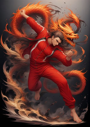 Male fighter wearing red tracksuit with black stripes, detailed eyes, 4k, windy, highly detailed, (full body portrait), dynamic angle, ink splash style, standing poses, more detail XL,dragon chinese,<lora:659095807385103906:1.0>