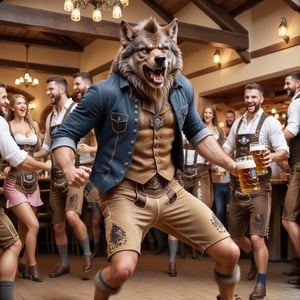 Full body shot, a werewolf walk in a restaurant holding a Oktoberfest, beer splashing, lot of people dancing and drinking, huge breasts, highly detailed, sharp focus, depth of field, dynamic poses, on parchment,Hosn