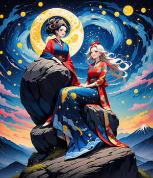 Masterpiece, 4K, ultra detailed, anime style, mature and elegant woman sitting on mountain top boulder, beautiful flawless face with great makeup smiling, dangling earrings, colorful headpiece, epic starry night, windy, more detail XL, SFW, depth of field, (ukiyoe art style),Ink art