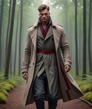 Solo, Mature Male fighter wearing long flowy trench coat with red stripes, tattoos on chest, detailed eyes, 4k, walking in a forest, windy, highly detailed, (full body portrait), dynamic angle, more detail XL,,<lora:659095807385103906:1.0>