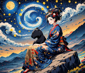 Masterpiece, 4K, ultra detailed, anime style, mature and elegant woman sitting on mountain top boulder, beautiful flawless face with great makeup smiling, dangling earrings, colorful headpiece, epic starry night, windy, more detail XL, SFW, depth of field, (ukiyoe art style),Ink art,