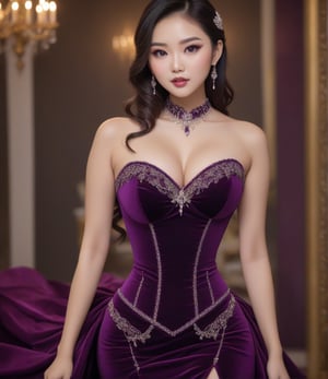 Masterpiece, 4K, ultra detailed, beautiful busty Asian lady with glamorous makeup, beautiful bright eyes and  glossy lips, dangling crystal earrings, tight corset, purple velvet dress with lace trimming, depth of field, SFW,WEARING HAUTE_COUTURE DESIGNER DRESS