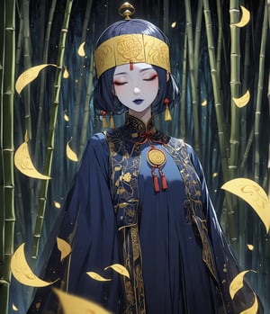 Masterpiece, 4K, ultra detailed, anime style, female Jiangshi with flawless makeup, yellow paper talisman on forehead and dark blue lips, eyes closed, dark sheer robe with very long sleeves, in a dark bamboo forest at night, floating ghost spirit in the back, depth of field, SFW, more detail XL, Ukiyoe Art Style,