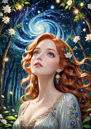 Masterpiece, 4K, ultra detailed, ((solo)), anime impressionism art style, elegant mature woman with beautiful detailed eyes and glamorous makeup, long wavy ginger hair, finely detailed earrings, hand over head, looking up, in a flowering forest,  swirling starry night, more detail XL, SFW, depth of field,