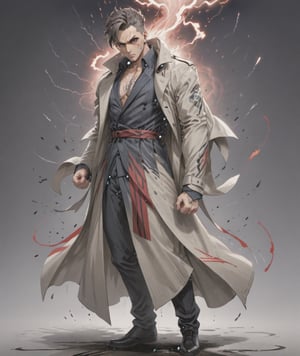 Solo, Mature Male fighter wearing long flowy trench coat with red stripes, tattoos on chest, detailed eyes, fighting stance poses, 4k, windy, highly detailed, (full body portrait), dynamic angle, ink splash style, thunderstorm, more detail XL,,<lora:659095807385103906:1.0>