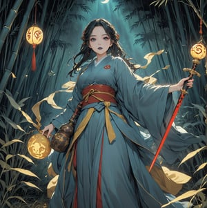 Masterpiece, 4K, ultra detailed, anime style, female ghost buster with flawless makeup and dark blue lips, yellow paper talisman with red wooden sword on 1 hand, dark satin robe, Gourd Water Bottle tied to waist, in a dark bamboo forest at night, floating ghost spirit in the back, depth of field, SFW,huayu, Ukiyoe Art Style,glowing sword