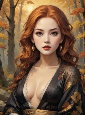 Masterpiece, 4K, ultra detailed, beautiful female singer with flawless dark makeup, beautiful detailed eyes and glossy lips, golden earring, wavy long ginger hair, sheer lace robe, large boulder in quiet autumn forest during sunset, depth of field, SFW, more detail XL, Ukiyoe Art Style, painting,