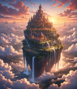 Masterpiece, 4K, ultra detailed, floating castle in the sky, 1 waterfall, mythical clouds, depth of field,  sunset,