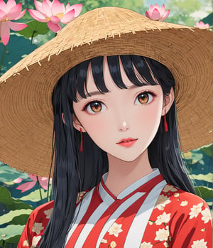 Masterpiece, 4K, ultra detailed, anime Style, 1 beautiful woman with long wavy hair and glossy lips wearing traditional Vietnamese outfit with straw hat, lotus flower s, SFW, depth of field,ao_dai_tet_xl, ukiyoe art style,