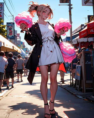 A cute young girl holding1gigantic round cotton candy on a stick with 2 hands, street fair background, 4k, highly detailed, full body portrait, extreme depth of field,