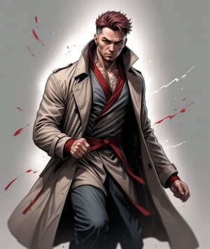 Solo, Mature Male fighter wearing long flowy trench coat with red stripes, tattoos on chest, detailed eyes, fighting stance poses, 4k, windy, highly detailed, (full body portrait), dynamic angle, ink splash style, thunderstorm, more detail XL,,<lora:659095807385103906:1.0>