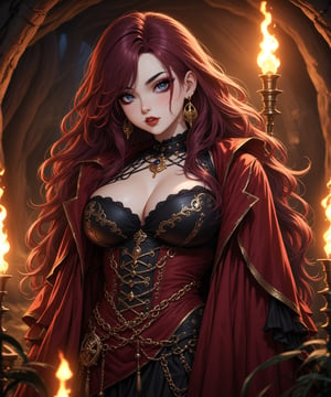 Masterpiece, 4K, ultra detailed, beautiful chunky female pirate with flawless goth makeup, beautiful detailed blue eyes and glossy lips, golden earring, wavy long hair, dark red silk robe, in a secret hideout, torch lights, depth of field, SFW, more detail XL,