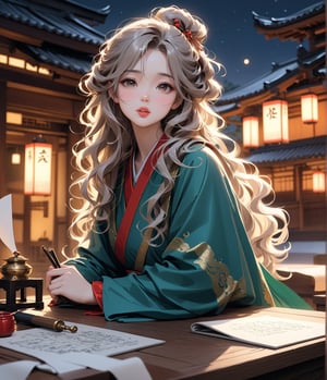 Masterpiece, 4K, ultra detailed, Sketchbook Style, 1 beautiful woman with long wavy hair and glossy lips wearing traditional Asian outfit, paper scroll on table, in shrine at night, oil lamp, windy, SFW, depth of field,shuimo style