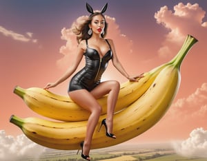 Full body closeup portrait, Beautiful girl wearing black Playboy Bunny outfit riding a banana heading to a gigantic peach in the sky, windy, big detailed eyes, highly detailed, fantasy setting, dynamic angle,